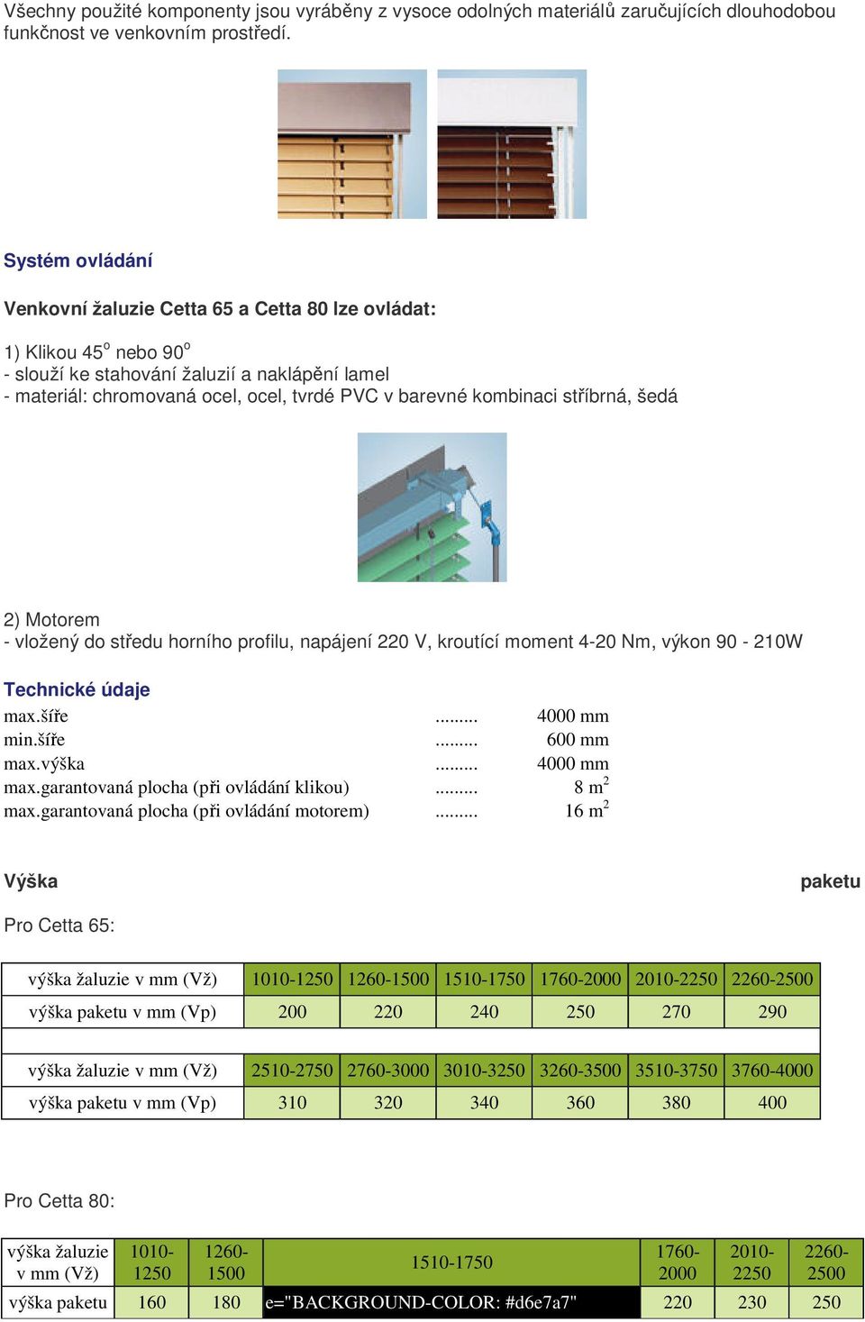 kombinaci stříbrná, šedá 2) Motorem - vložený do středu horního profilu, napájení 220 V, kroutící moment 4-20 Nm, výkon 90-210W Technické údaje max.šíře... 4000 mm min.šíře... 600 mm max.výška.
