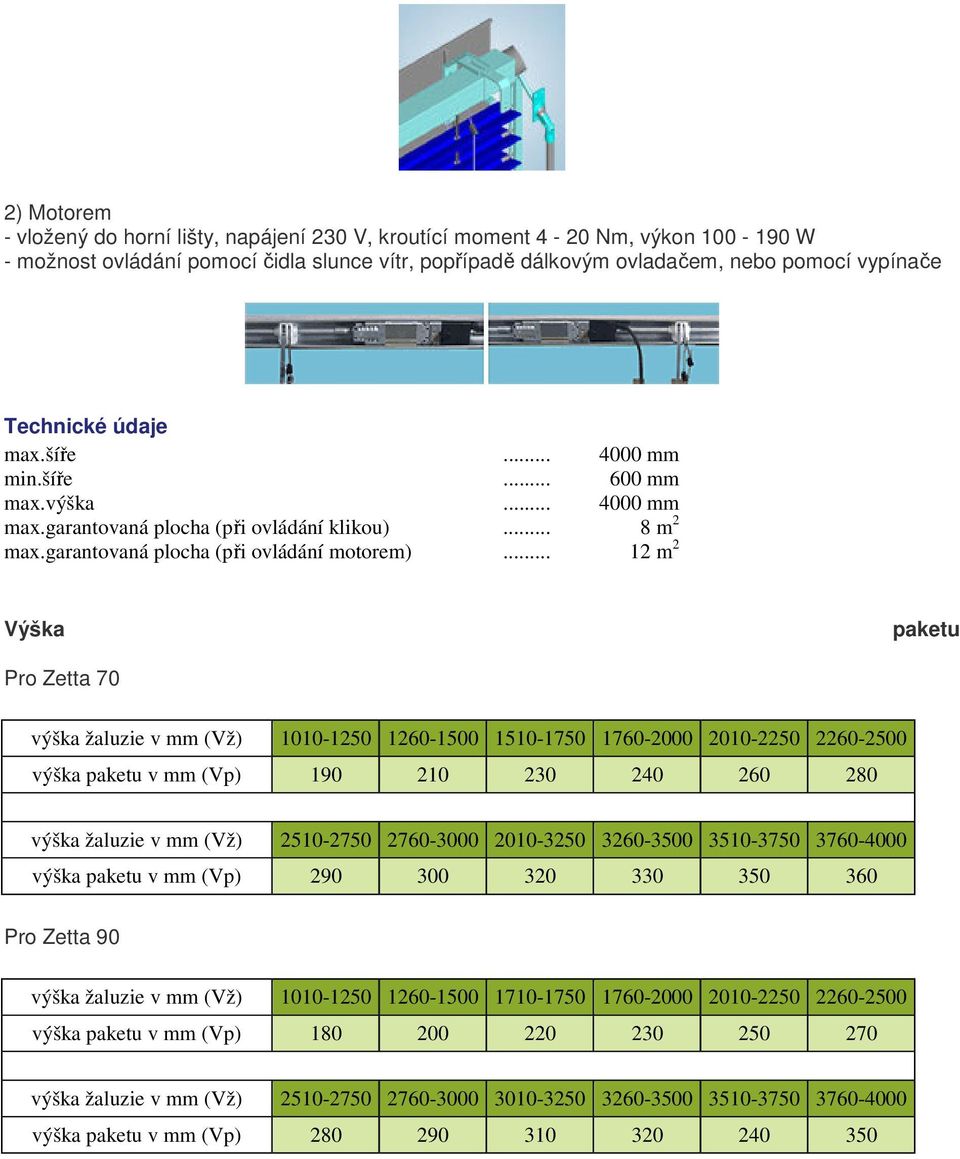 .. 12 m 2 Výška paketu Pro Zetta 70 výška žaluzie v mm (Vž) 1010-1250 1260-1500 1510-1750 1760-2000 2010-2250 2260-2500 výška paketu v mm (Vp) 190 210 230 240 260 280 výška žaluzie v mm (Vž)