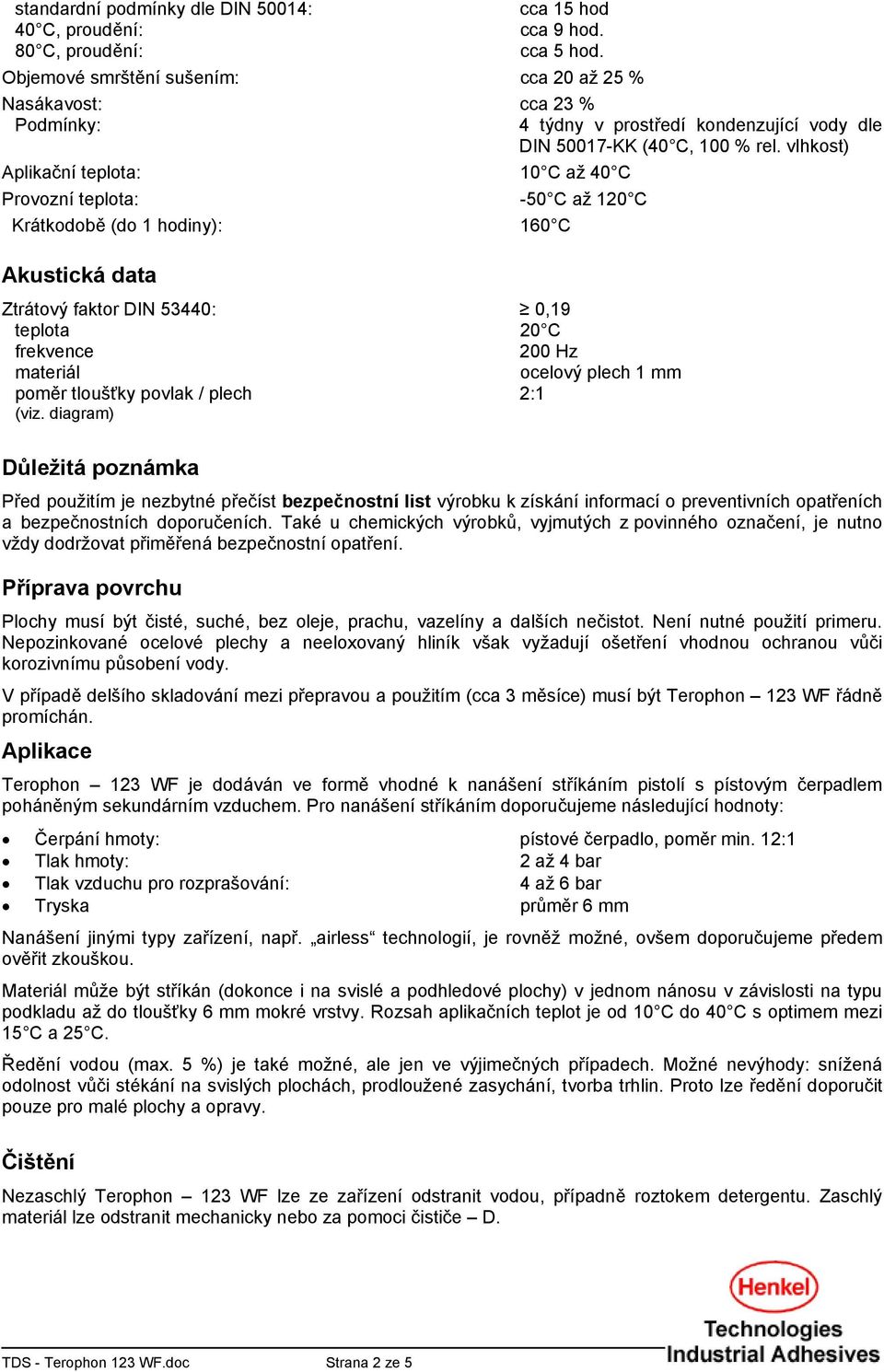 vlhkost) Aplikační teplota: 10 C až 40 C Provozní teplota: -50 C až 120 C Krátkodobě (do 1 hodiny): 160 C Akustická data Ztrátový faktor DIN 53440: 0,19 teplota 20 C frekvence 200 Hz materiál ocelový