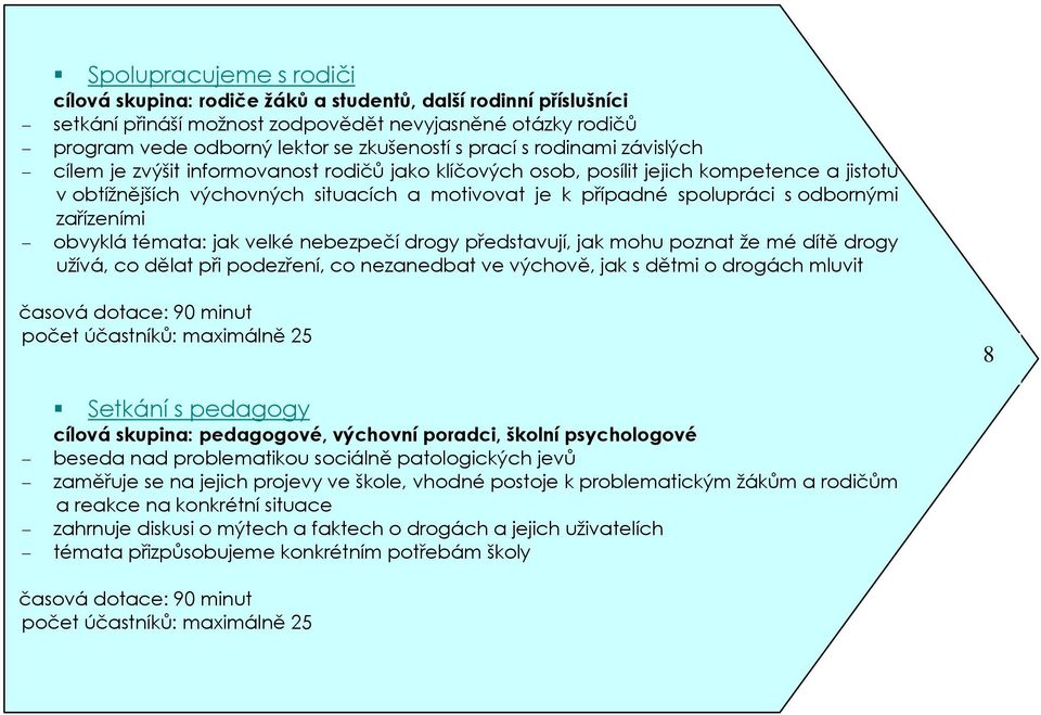 odbornými zařízeními obvyklá témata: jak velké nebezpečí drogy představují, jak mohu poznat že mé dítě drogy užívá, co dělat při podezření, co nezanedbat ve výchově, jak s dětmi o drogách mluvit