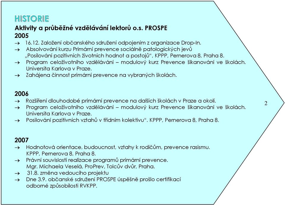 Program celoživotního vzdělávání modulový kurz Prevence šikanování ve školách. Universita Karlova v Praze. Zahájena činnost primární prevence na vybraných školách.