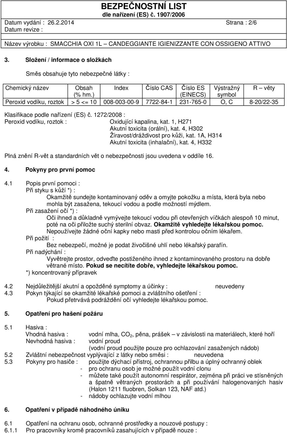 1, H271 Akutní toxicita (orální), kat. 4, H302 Žíravost/dráždivost pro kůži, kat. 1A, H314 Akutní toxicita (inhalační), kat.