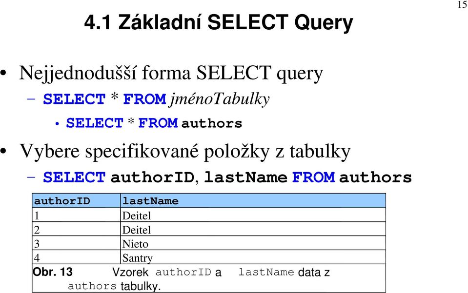tabulky SELECT authorid, lastname FROM authors authorid lastname 1 Deitel