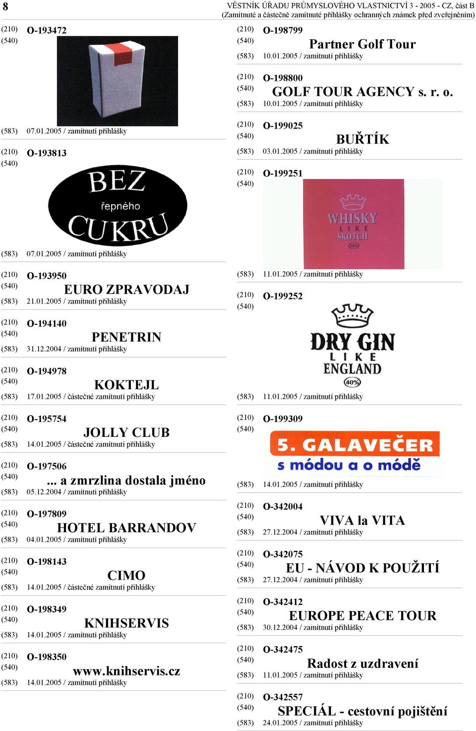 2005 / částečné zamítnutí přihlášky O-195754 JOLLY CLUB O-199309 O-197506... a zmrzlina dostala jméno 05.12.2004 / zamítnutí přihlášky O-197809 HOTEL BARRANDOV O-342004 VIVA la VITA 27.12.2004 / zamítnutí přihlášky O-198143 CIMO O-342075 EU - NÁVOD K POUŽITÍ 27.