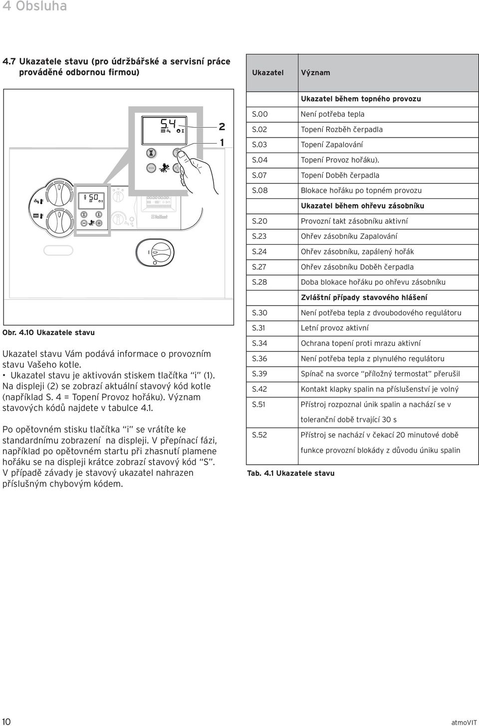 23 Ohřev zásobníku Zapalování S.24 Ohřev zásobníku, zapálený hořák S.27 Ohřev zásobníku Doběh čerpadla S.28 Doba blokace hořáku po ohřevu zásobníku Zvláštní případy stavového hlášení S.