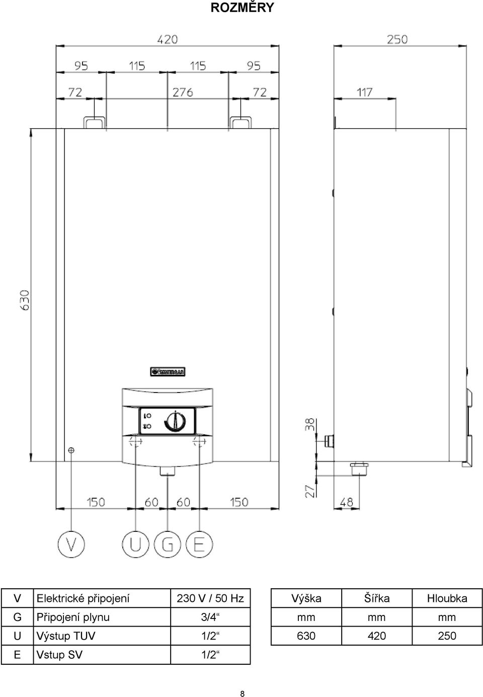 Připojení plynu 3/4 mm mm mm U