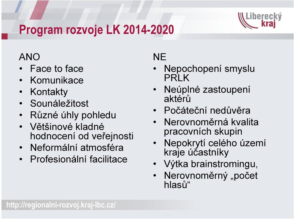 NE Nepochopení smyslu PRLK Neúplné zastoupení aktérů Počáteční nedůvěra Nerovnoměrná kvalita