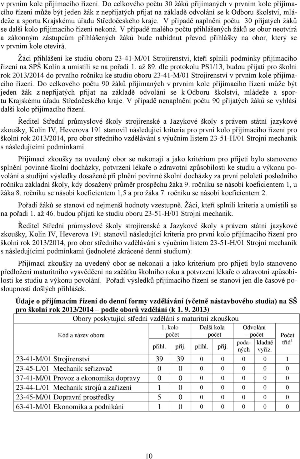 Středočeského kraje. V případě naplnění počtu 30 přijatých ţáků se další kolo přijímacího řízení nekoná.