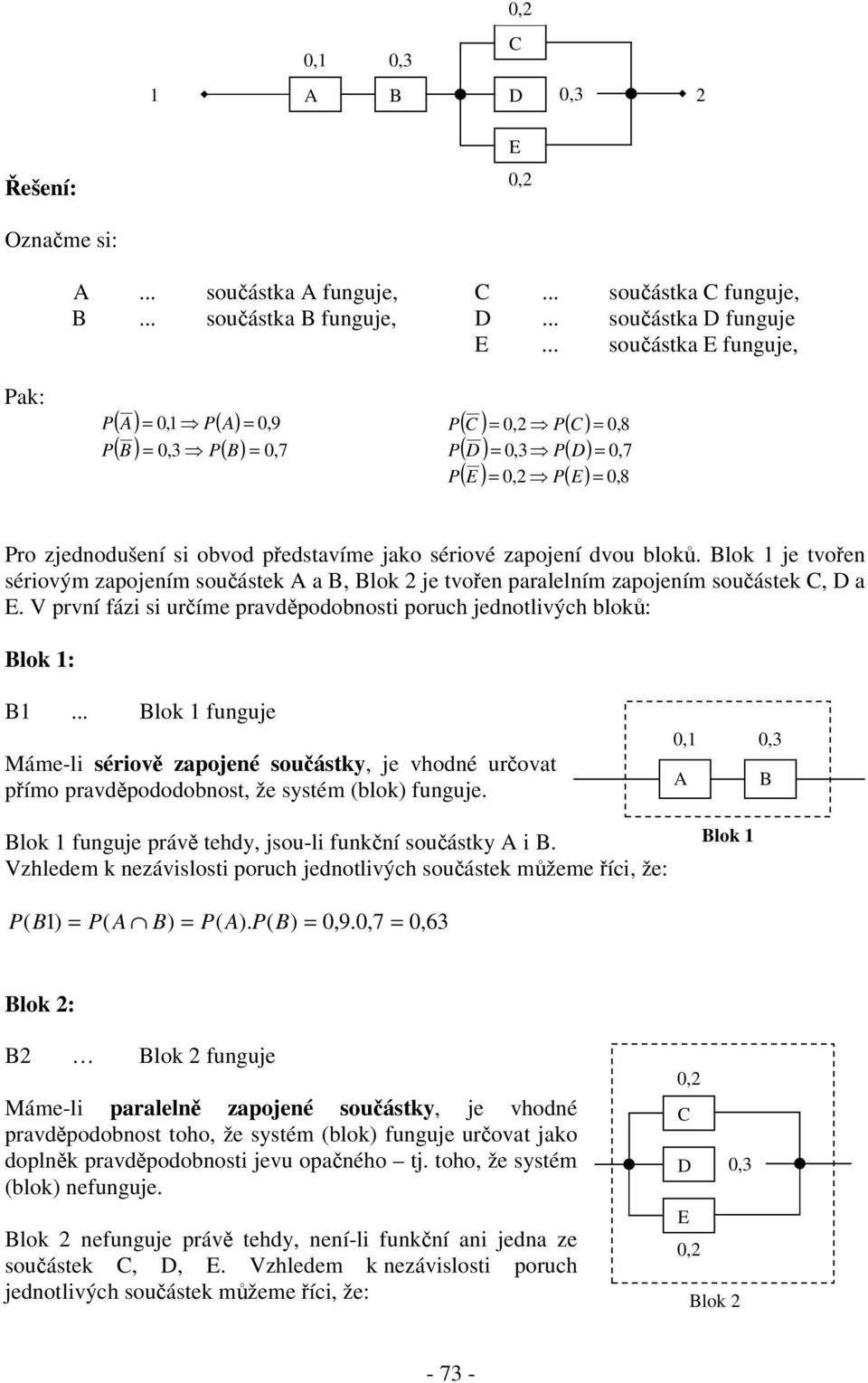 Blok 1 je tvoen sériovým zapojením souástek A a B, Blok 2 je tvoen paralelním zapojením souástek C, D a E. V první fázi si uríme pravdpodobnosti poruch jednotlivých blok: Blok 1: B1.