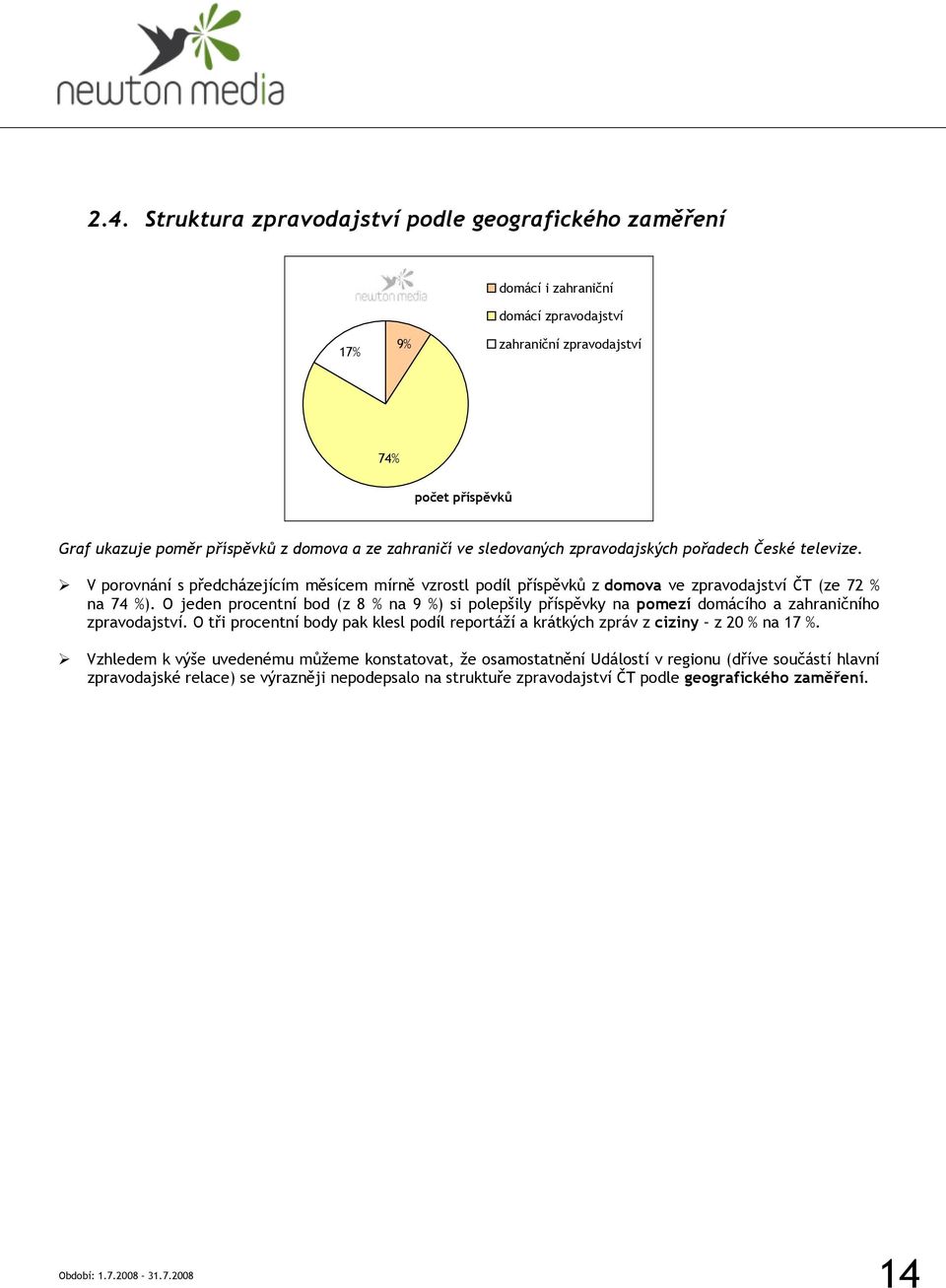 O jeden procentní bod (z 8 % na 9 %) si polepšily příspěvky na pomezí domácího a zahraničního zpravodajství.