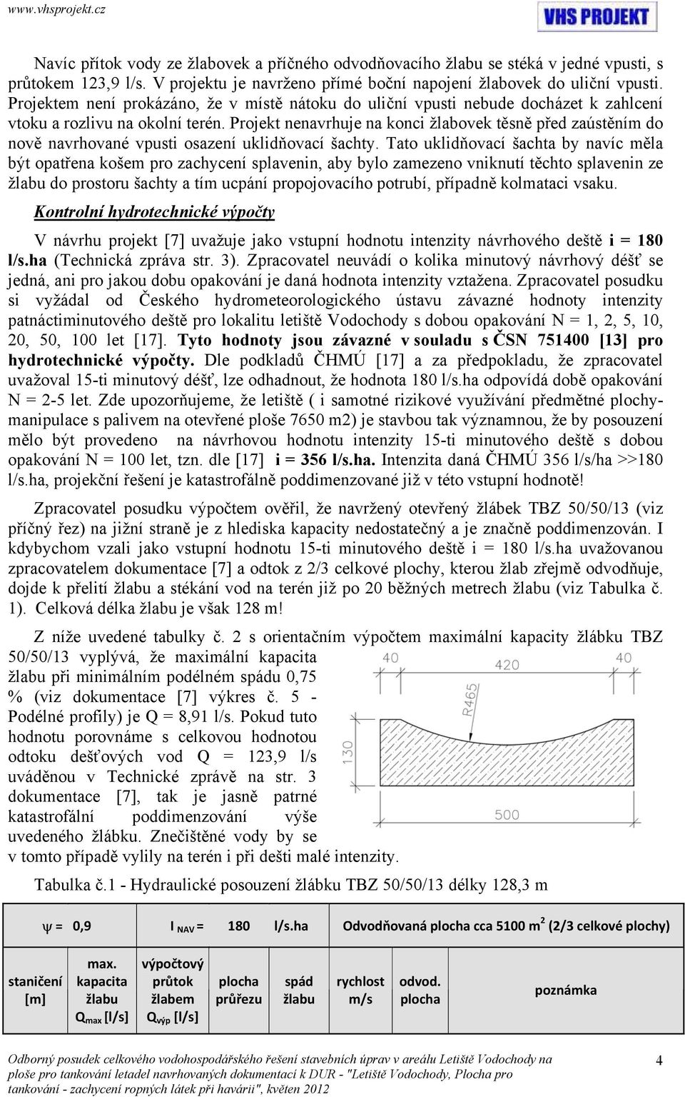 Projekt nenavrhuje na konci žlabovek těsně před zaústěním do nově navrhované vpusti osazení uklidňovací šachty.