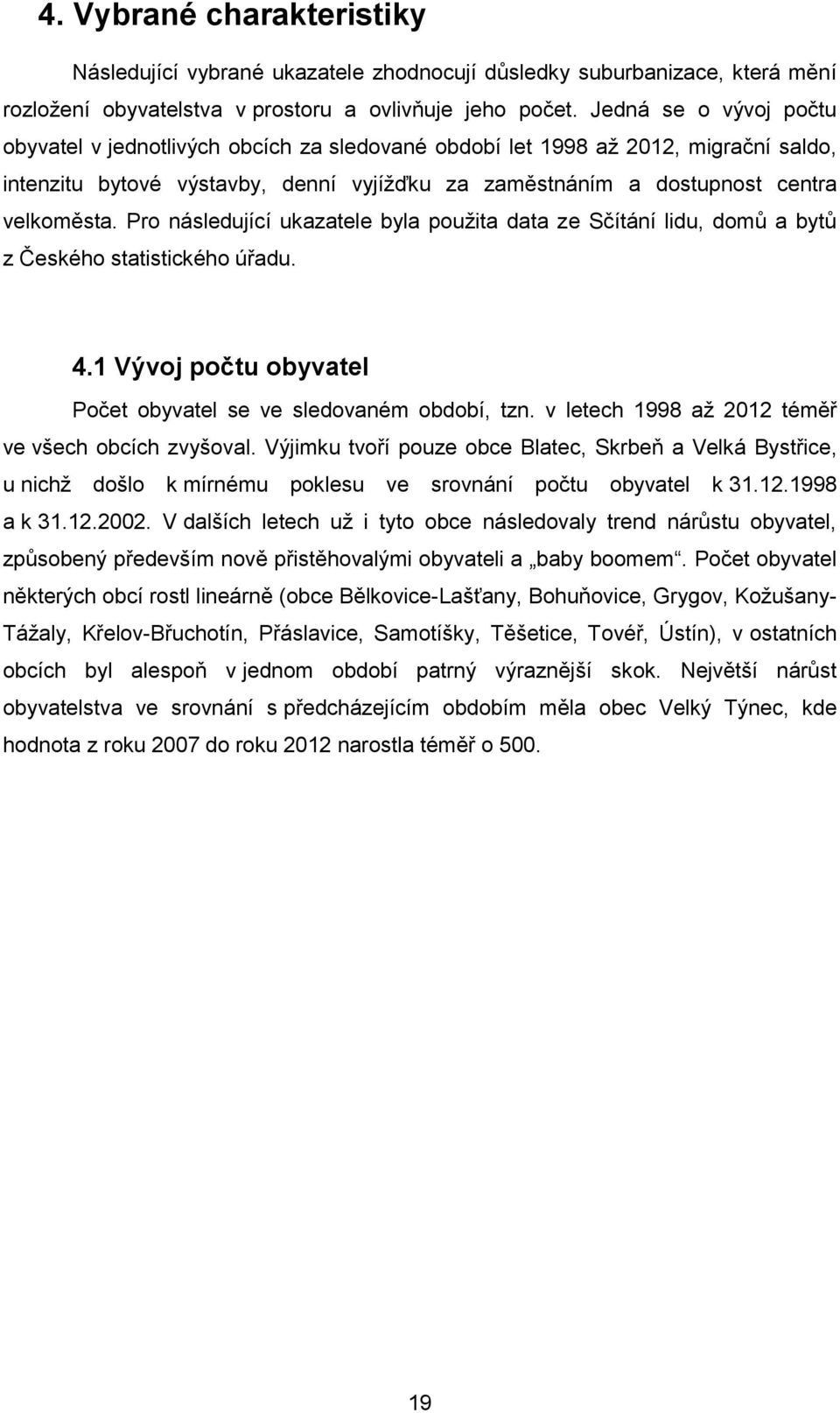 Pro následující ukazatele byla použita data ze Sčítání lidu, domů a bytů z Českého statistického úřadu. 4.1 Vývoj počtu obyvatel Počet obyvatel se ve sledovaném období, tzn.