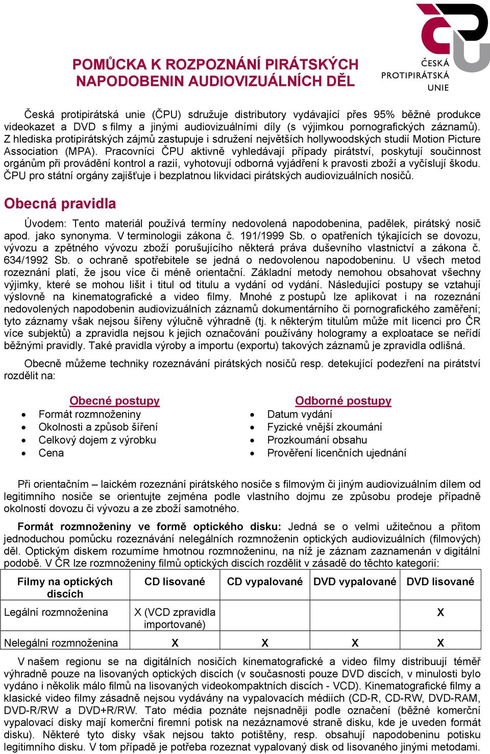 Pracovníci ČPU aktivně vyhledávají případy pirátství, poskytují součinnost orgánům při provádění kontrol a razií, vyhotovují odborná vyjádření k pravosti zboží a vyčíslují škodu.