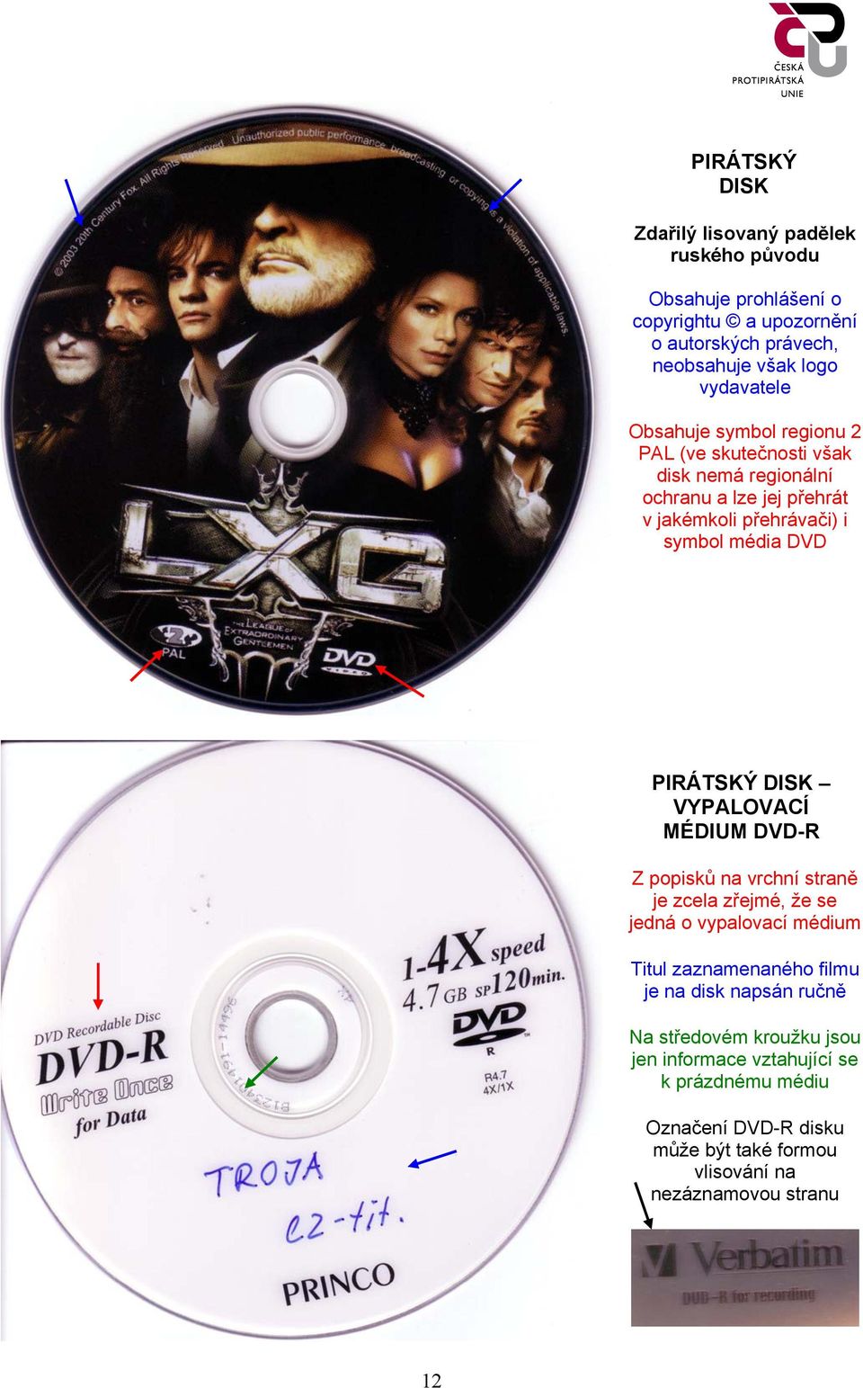 PIRÁTSKÝ DISK VYPALOVACÍ MÉDIUM DVD-R Z popisků na vrchní straně je zcela zřejmé, že se jedná o vypalovací médium Titul zaznamenaného filmu je na disk