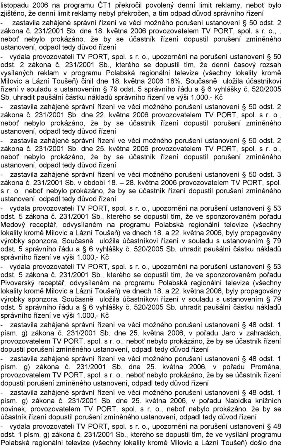st. 2 zákona č. 231/2001 Sb. dne 18. května 2006 provozovatelem TV PORT, spol. s r. o.