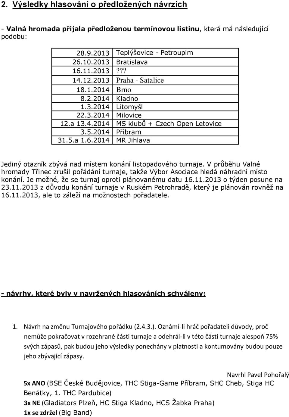 2014 MR Jihlava Jediný otazník zbývá nad místem konání listopadového turnaje. V průběhu Valné hromady Třinec zrušil pořádání turnaje, takže Výbor Asociace hledá náhradní místo konání.