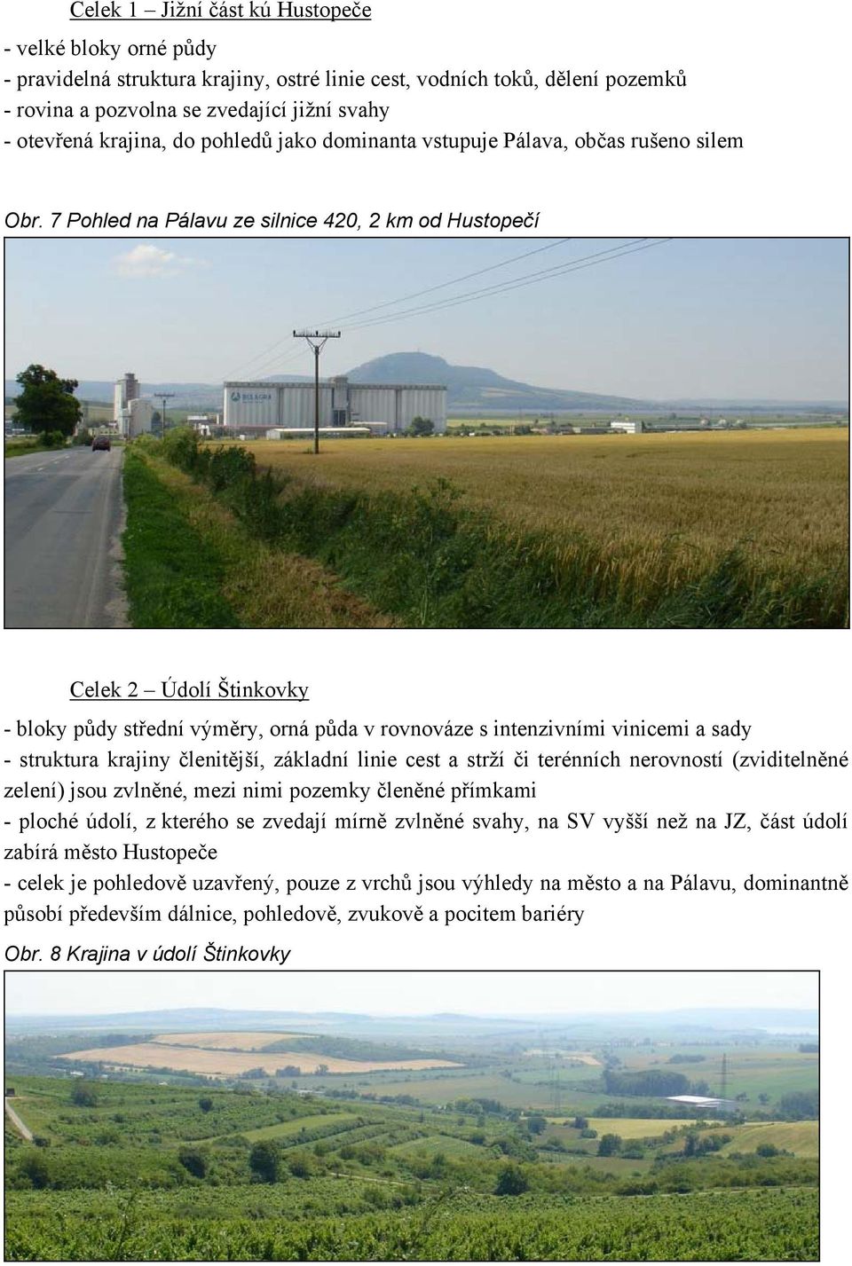 7 Pohled na Pálavu ze silnice 420, 2 km od Hustopečí Celek 2 Údolí Štinkovky - bloky půdy střední výměry, orná půda v rovnováze s intenzivními vinicemi a sady - struktura krajiny členitější, základní