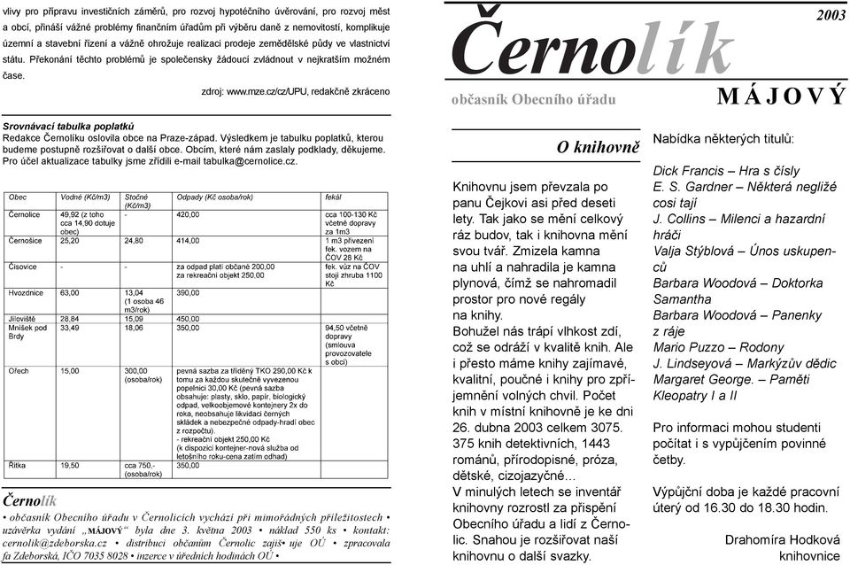 cz/cz/upu, redakènì zkráceno Èernolík obèasník Obecního úøadu 2003 MÁJOVÝ Srovnávací tabulka poplatkù Redakce Èernolíku oslovila obce na Praze-západ.