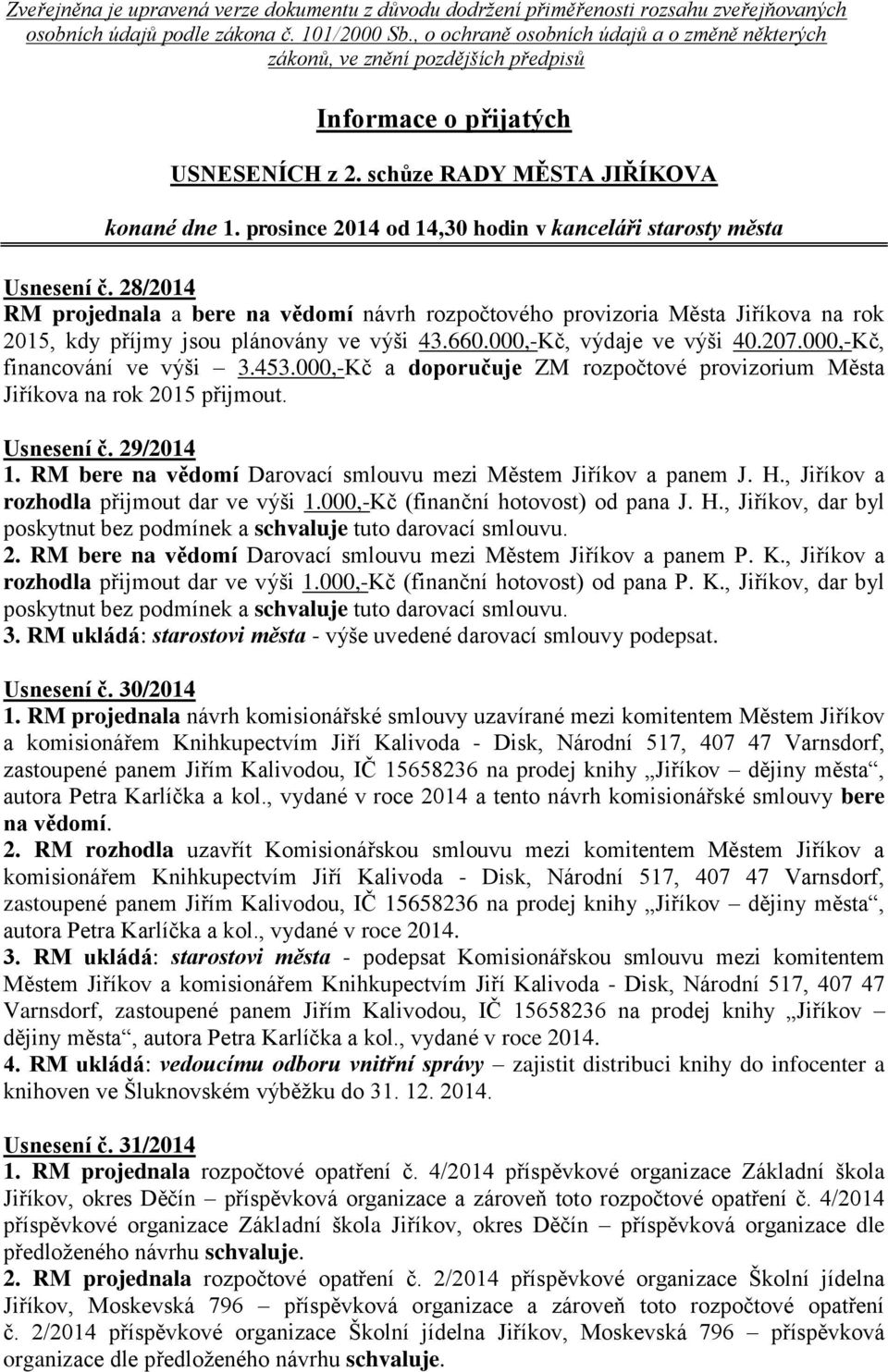 prosince 2014 od 14,30 hodin v kanceláři starosty města Usnesení č.