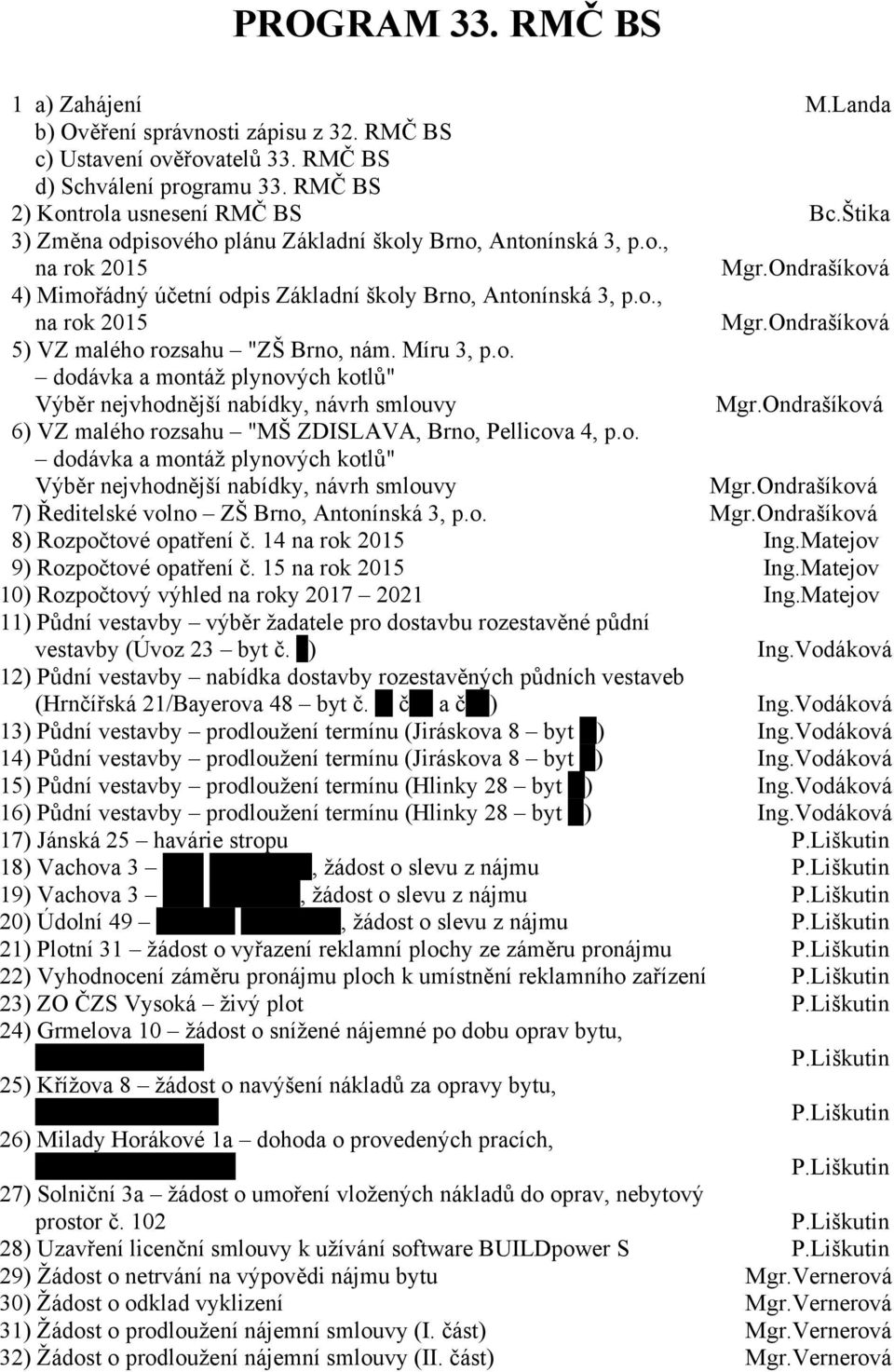 Míru 3, p.o. dodávka a montáž plynových kotlů" Výběr nejvhodnější nabídky, návrh smlouvy Mgr.Ondrašíková 6) VZ malého rozsahu "MŠ ZDISLAVA, Brno, Pellicova 4, p.o. dodávka a montáž plynových kotlů" Výběr nejvhodnější nabídky, návrh smlouvy Mgr.Ondrašíková 7) Ředitelské volno ZŠ Brno, Antonínská 3, p.