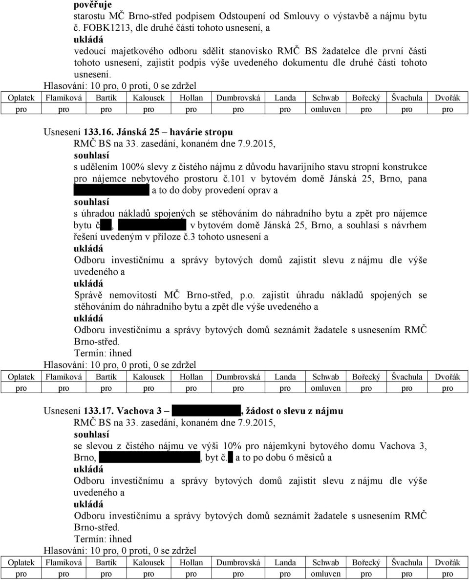 tohoto usnesení. Hlasování: 10 pro, 0 proti, 0 se zdržel pro pro pro pro pro pro pro omluven pro pro pro Usnesení 133.16.