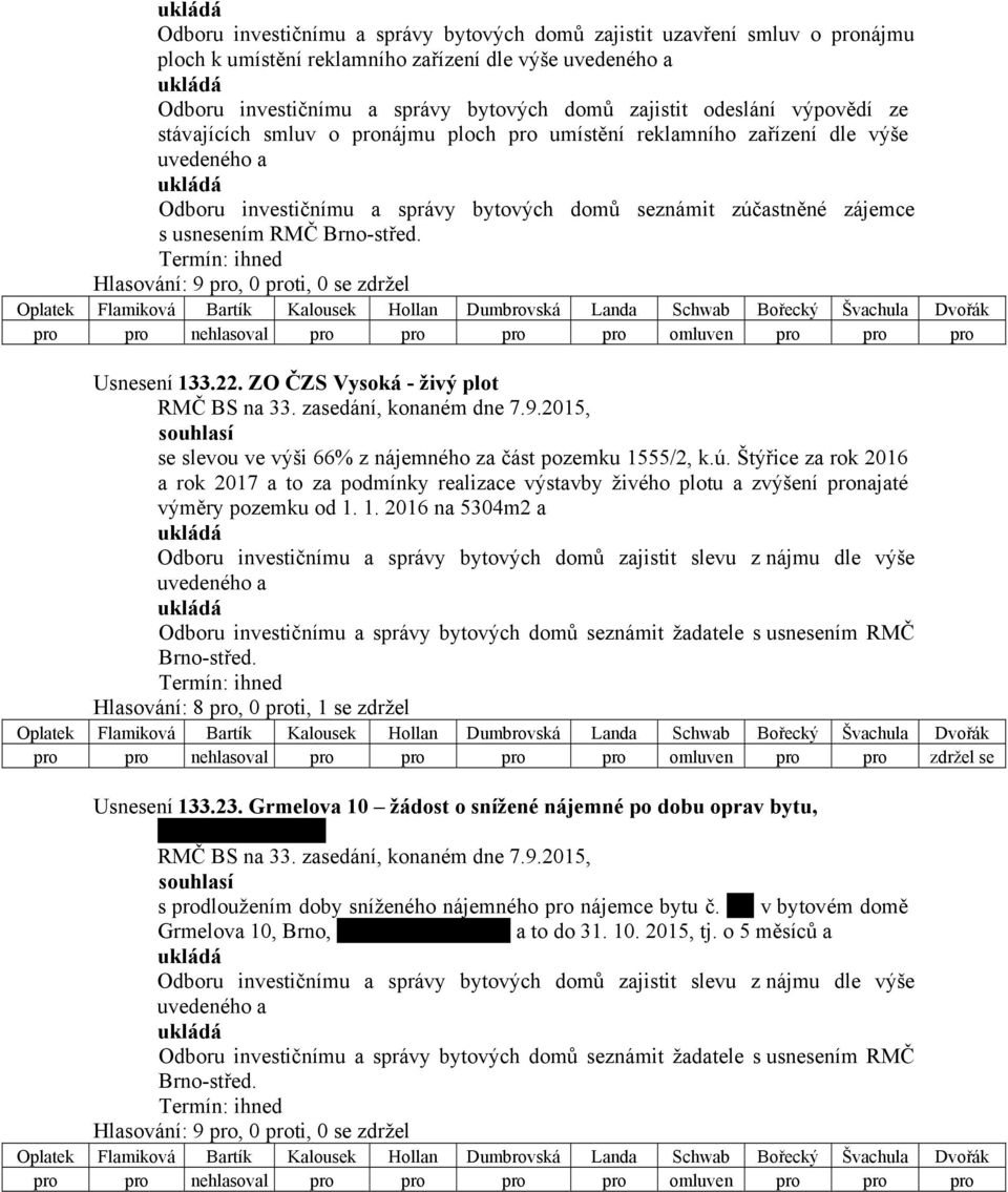 pro pro nehlasoval pro pro pro pro omluven pro pro pro Usnesení 133.22. ZO ČZS Vysoká - živý plot souhlasí se slevou ve výši 66% z nájemného za část pozemku 1555/2, k.ú.