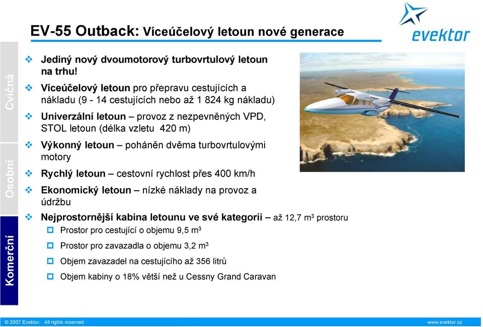 m) Výkonný letoun poháněn dvěma turbovrtulovými motory Rychlý letoun cestovní rychlost přes 400 km/h Ekonomický letoun nízké náklady na provoz a údržbu Nejprostornější