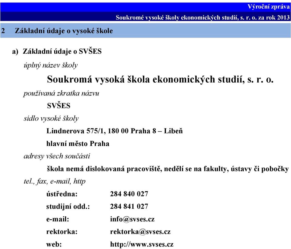 používaná zkratka názvu SVŠES sídlo vysoké školy Lindnerova 575/1, 180 00 Praha 8 Libeň hlavní město Praha adresy všech