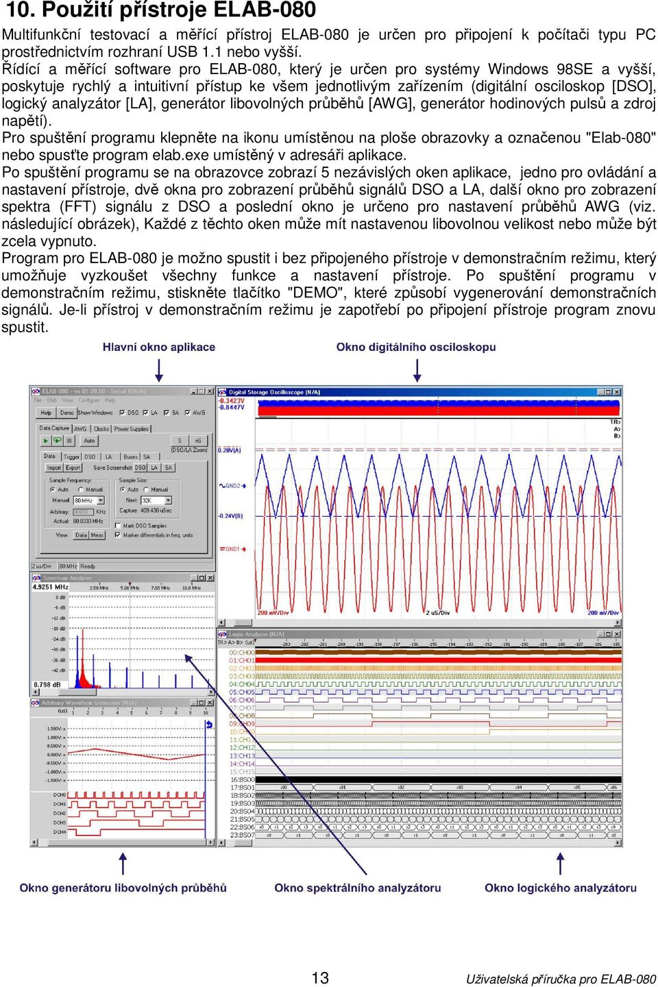 analyzátor [LA], generátor libovolných průběhů [AWG], generátor hodinových pulsů a zdroj napětí).