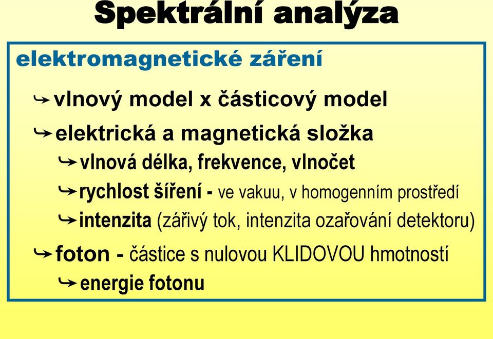 šíření - ve vakuu, v homogenním prostředí intenzita (zářivý tok, intenzita