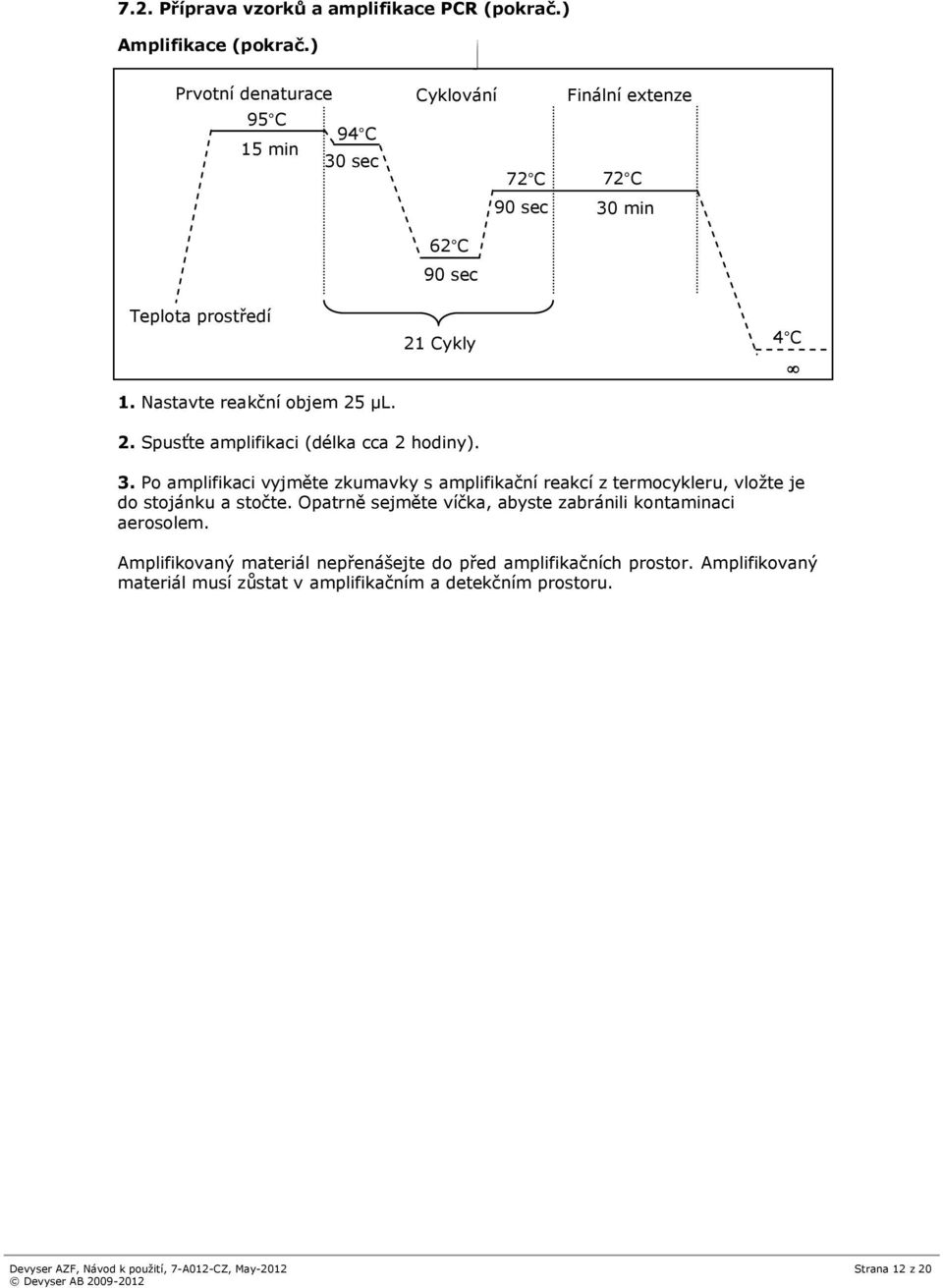 62 C 90 sec 21 Cykly 4 C 2. Spusťte amplifikaci (délka cca 2 hodiny). 3.