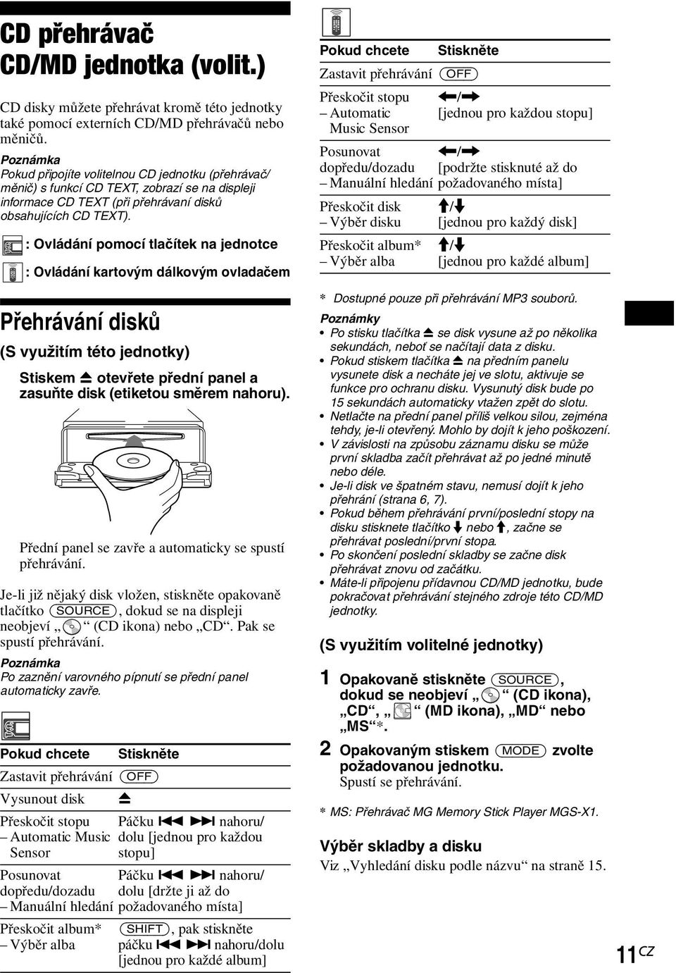 : Ovládání pomocí tlačítek na jednotce : Ovládání kartovým dálkovým ovladačem Přehrávání disků (S využitím této jednotky) Stiskem Z otevřete přední panel a zasuňte disk (etiketou směrem nahoru).