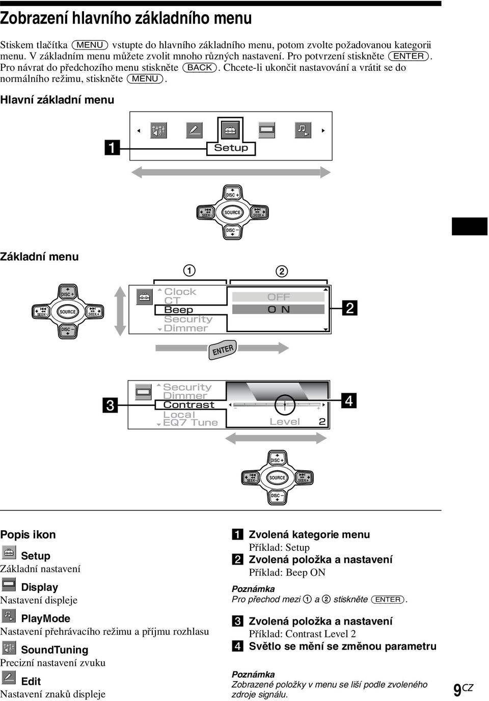 Hlavní základní menu DISC + SEEK SOURCE SEEK+ DISC Základní menu 1 2 DISC + SEEK SOURCE SEEK+ DISC DISC + SEEK SOURCE SEEK+ DISC Popis ikon Setup Základní nastavení Display Nastavení displeje
