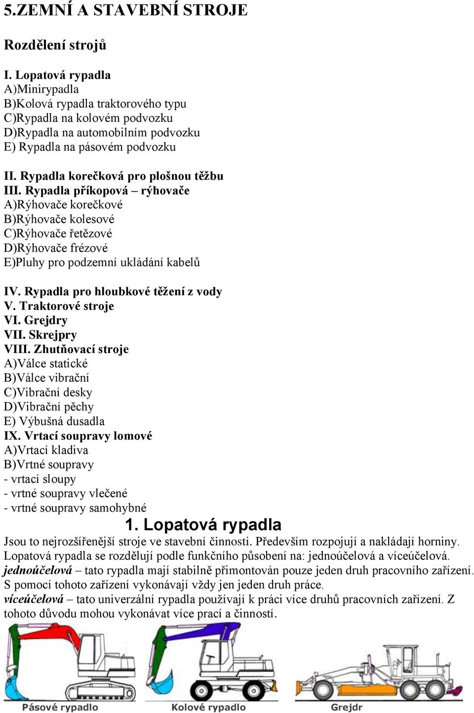 Rypadla korečková pro plošnou těžbu III. Rypadla příkopová rýhovače A)Rýhovače korečkové B)Rýhovače kolesové C)Rýhovače řetězové D)Rýhovače frézové E)Pluhy pro podzemní ukládání kabelů IV.