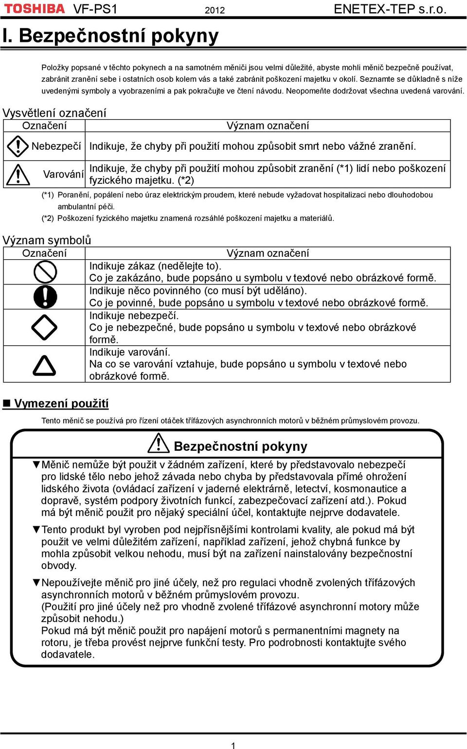 Vysvětlení označení Označení Význam označení Nebezpečí Indikuje, že chyby při použití mohou způsobit smrt nebo vážné zranění.