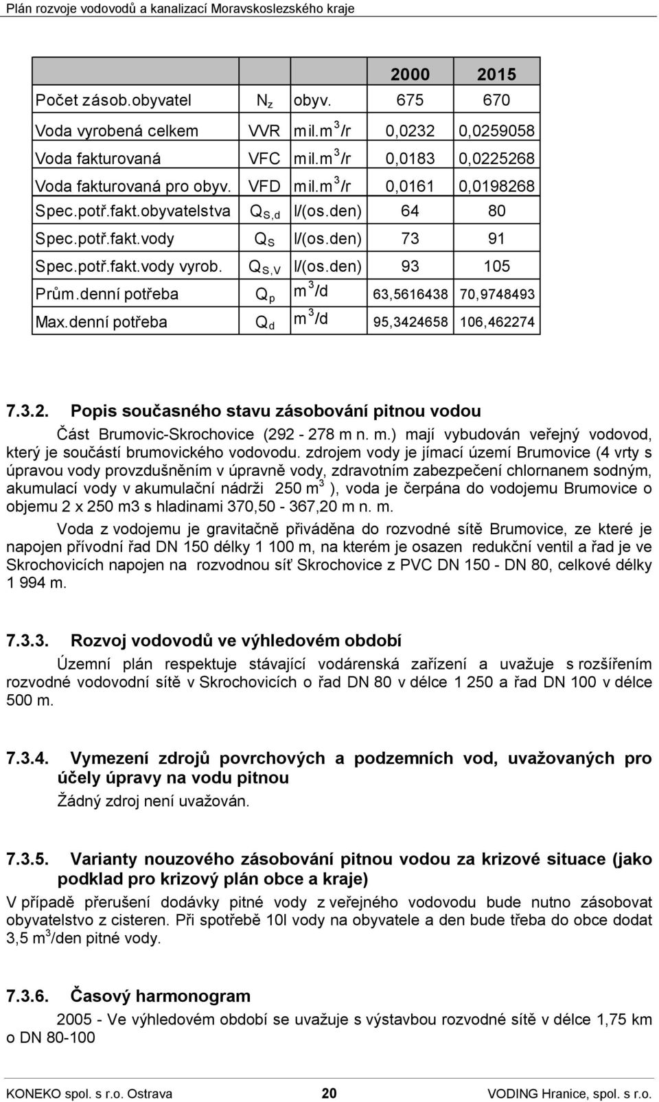 denní potřeba Q p m 3 /d 63,5616438 70,9748493 Max.denní potřeba Q d m 3 /d 95,3424658 106,462274 7.3.2. Popis současného stavu zásobování pitnou vodou Část Brumovic-Skrochovice (292-278 m n. m.) mají vybudován veřejný vodovod, který je součástí brumovického vodovodu.