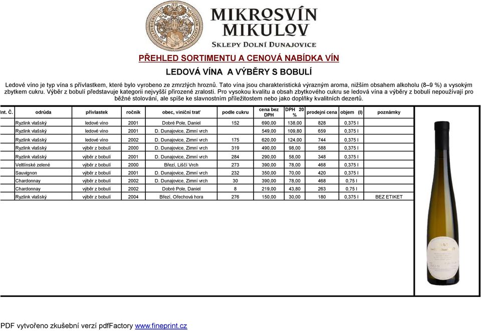 Pro vysokou kvalitu a obsah zbytkového cukru se ledová vína a výběry z bobulí nepoužívají pro běžné stolování, ale spíše ke slavnostním příležitostem nebo jako doplňky kvalitních dezertů. Int. Č.