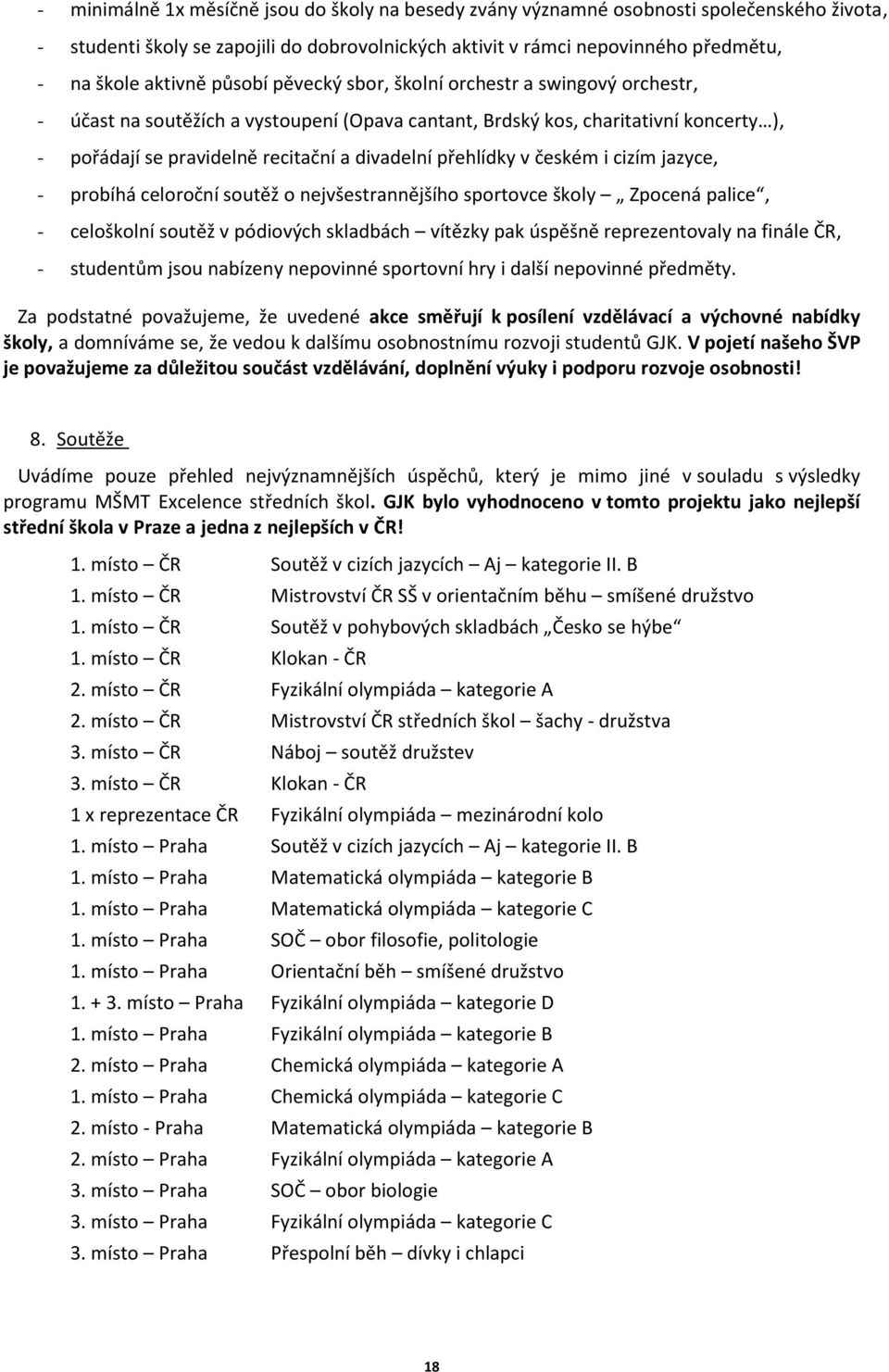 přehlídky v českém i cizím jazyce, - probíhá celoroční soutěž o nejvšestrannějšího sportovce školy Zpocená palice, - celoškolní soutěž v pódiových skladbách vítězky pak úspěšně reprezentovaly na