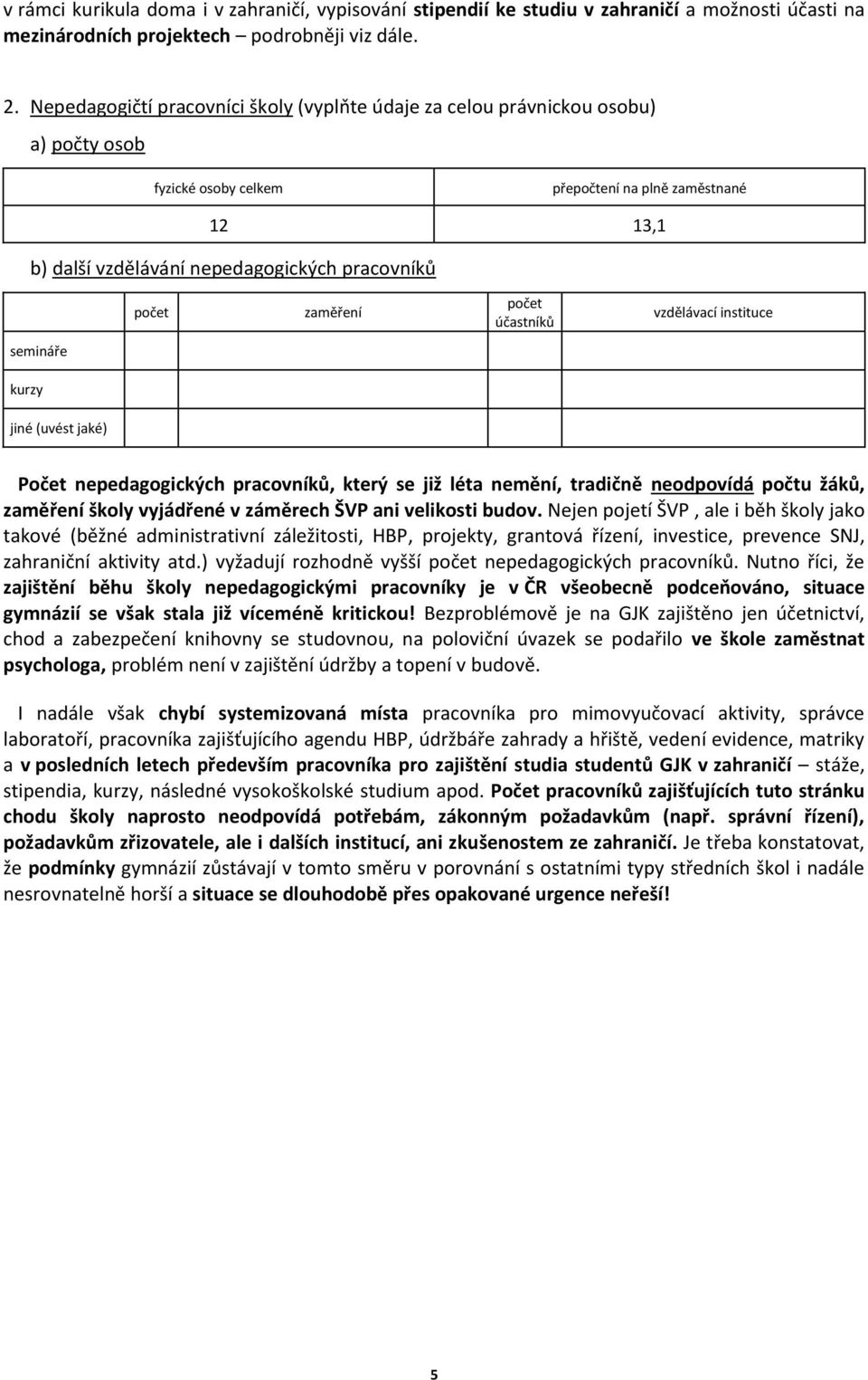 zaměření počet účastníků vzdělávací instituce semináře kurzy jiné (uvést jaké) Počet nepedagogických pracovníků, který se již léta nemění, tradičně neodpovídá počtu žáků, zaměření školy vyjádřené v