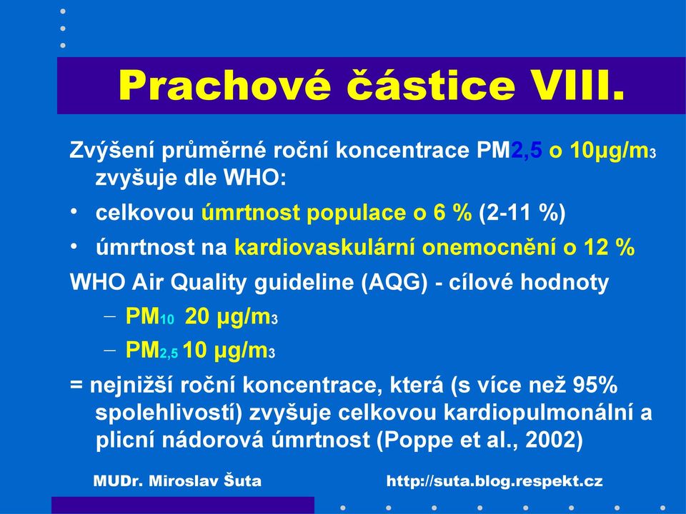 (2-11 %) úmrtnost na kardiovaskulární onemocnění o 12 % WHO Air Quality guideline (AQG) - cílové