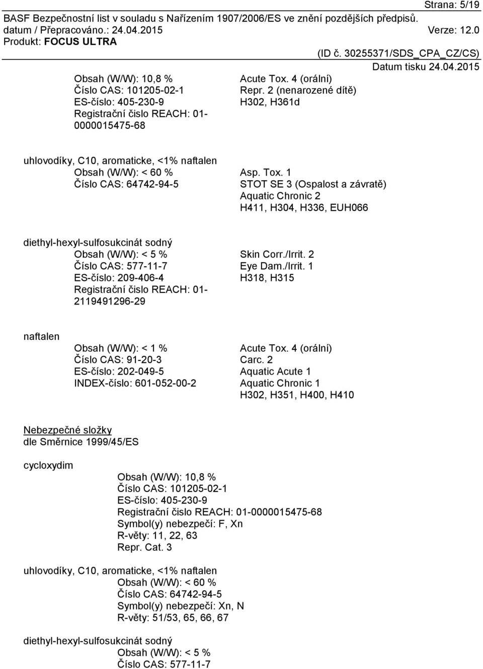 1 STOT SE 3 (Ospalost a závratě) Aquatic Chronic 2 H411, H304, H336, EUH066 diethyl-hexyl-sulfosukcinát sodný Obsah (W/W): < 5 % Číslo CAS: 577-11-7 ES-číslo: 209-406-4 Registrační čislo REACH: