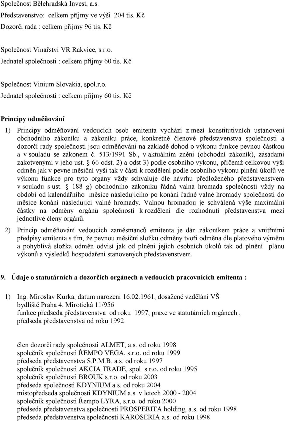 Kč Principy odměňování 1) Principy odměňování vedoucích osob emitenta vychází z mezí konstitutivních ustanovení obchodního zákoníku a zákoníku práce, konkrétně členové představenstva společnosti a