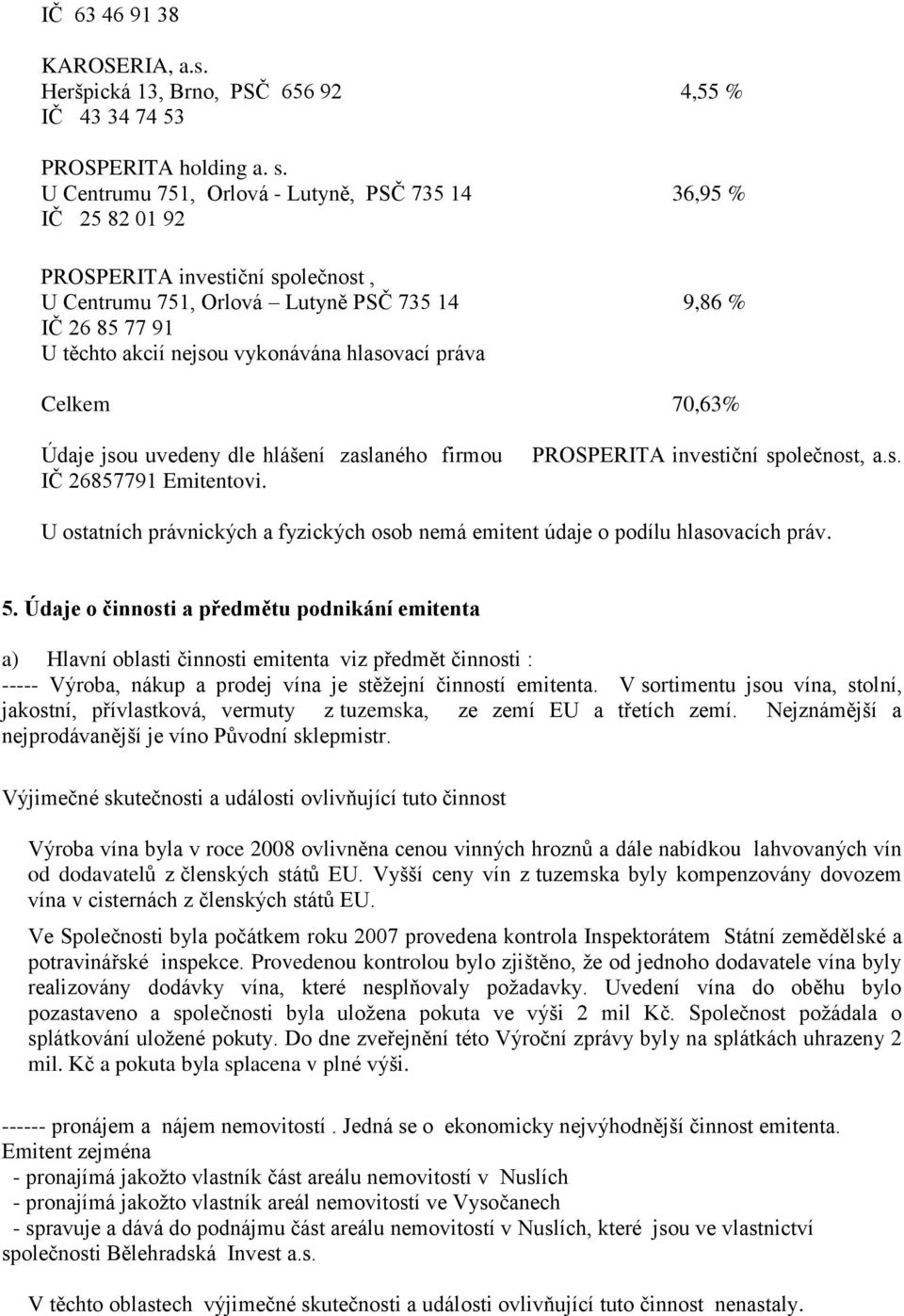 hlasovací práva Celkem 70,63% Údaje jsou uvedeny dle hlášení zaslaného firmou IČ 26857791 Emitentovi. PROSPERITA investiční společnost, a.s. U ostatních právnických a fyzických osob nemá emitent údaje o podílu hlasovacích práv.