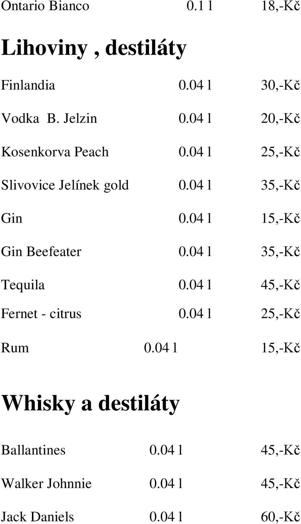 04 l 15,-Kč Gin Beefeater 0.04 l 35,-Kč Tequila 0.04 l 45,-Kč Fernet - citrus 0.