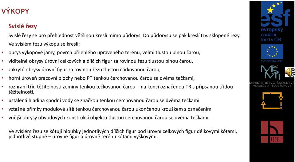 čarou, zakryté obrysy úrovní figur za rovinou řezu tlustou čárkovanou čarou, horní úroveň pracovní plochy nebo PT tenkou čerchovanou čarou se dvěma tečkami, rozhraní tříd těžitelnosti zeminy tenkou