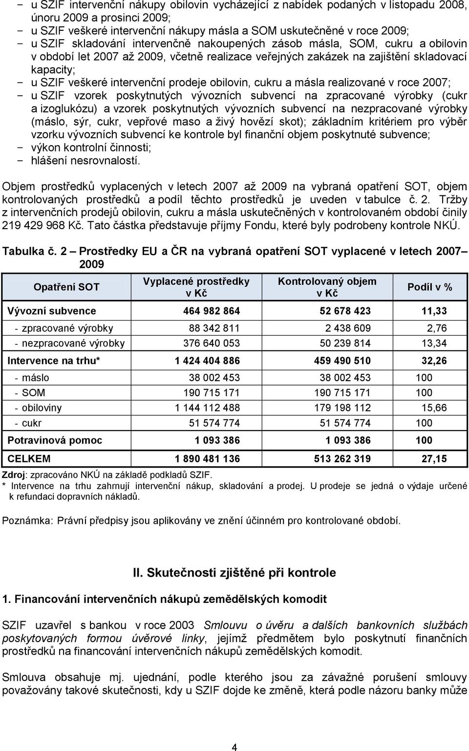 prodeje obilovin, cukru a másla realizované v roce 2007; - u SZIF vzorek poskytnutých vývozních subvencí na zpracované výrobky (cukr a izoglukózu) a vzorek poskytnutých vývozních subvencí na