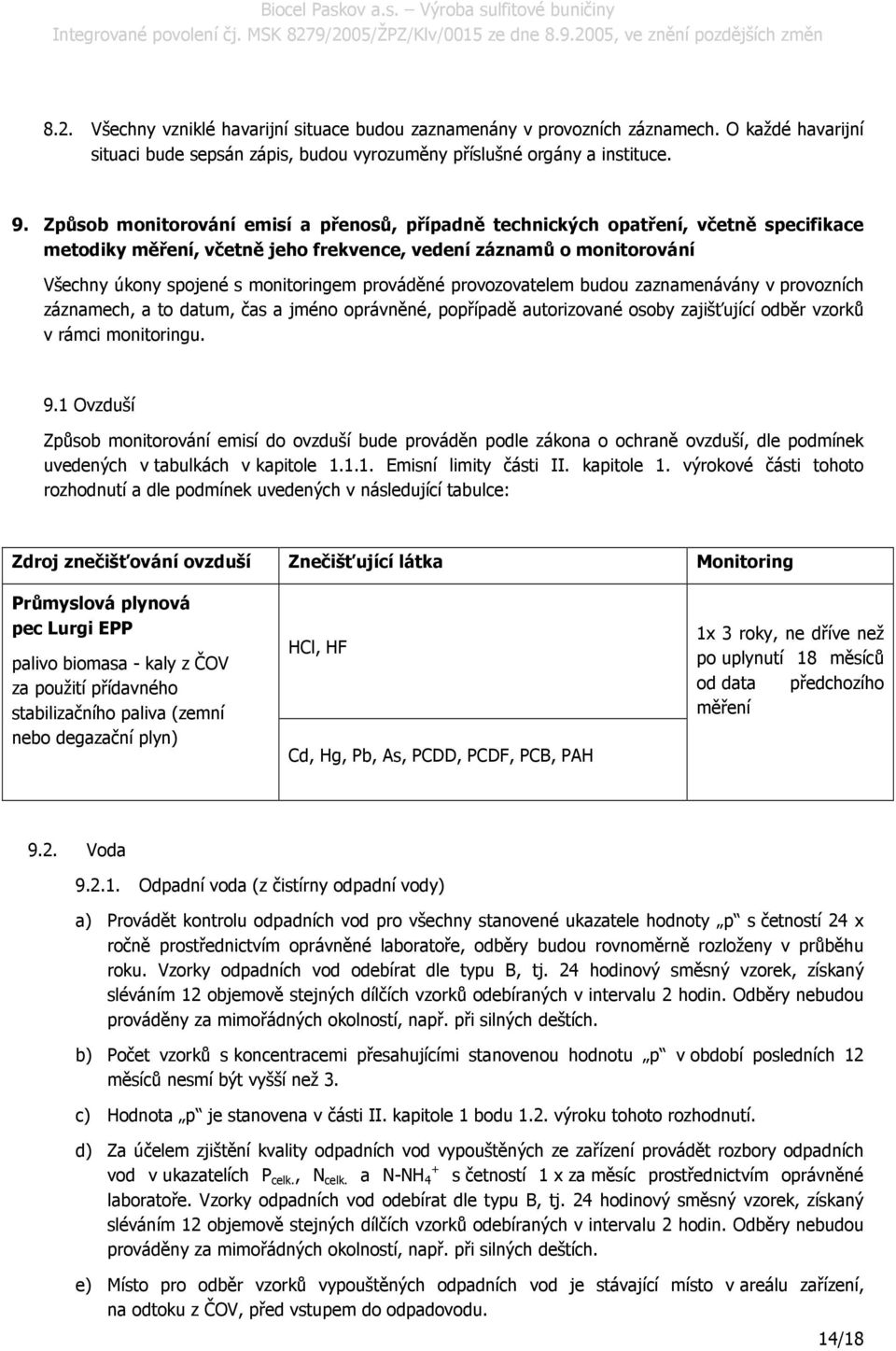 prováděné provozovatelem budou zaznamenávány v provozních záznamech, a to datum, čas a jméno oprávněné, popřípadě autorizované osoby zajišťující odběr vzorků v rámci monitoringu. 9.