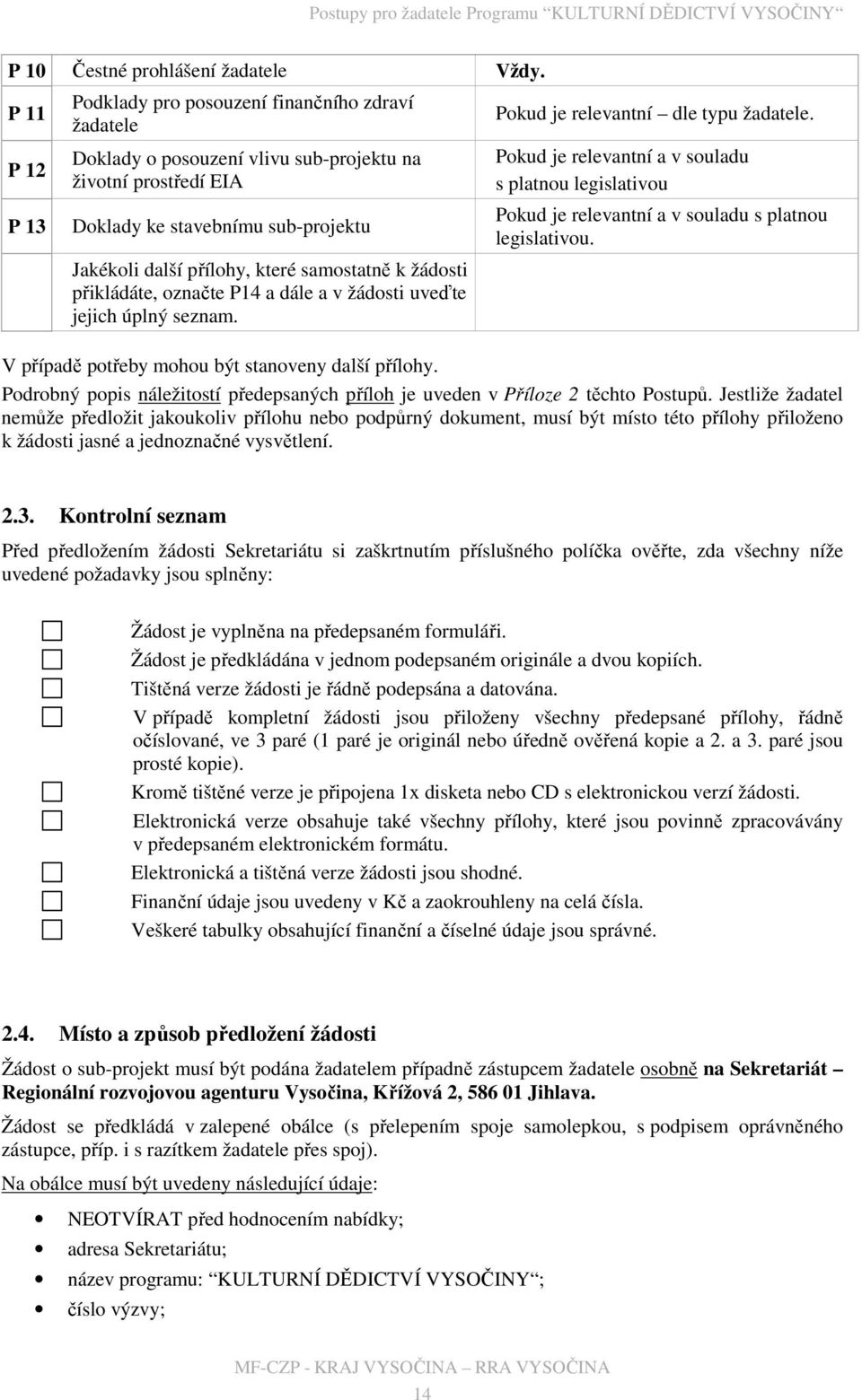 samostatně k žádosti přikládáte, označte P14 a dále a v žádosti uveďte jejich úplný seznam. Pokud je relevantní dle typu žadatele.