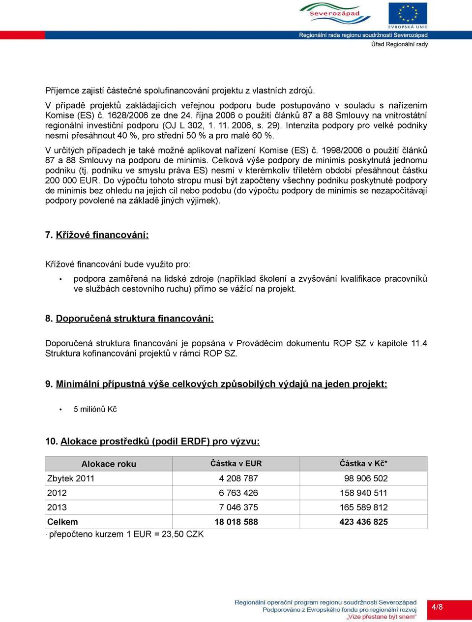 Intenzita podpory pro velké podniky nesmí přesáhnout 40 %, pro střední 50 % a pro malé 60 %. V určitých případech je také možné aplikovat nařízení Komise (ES) č.