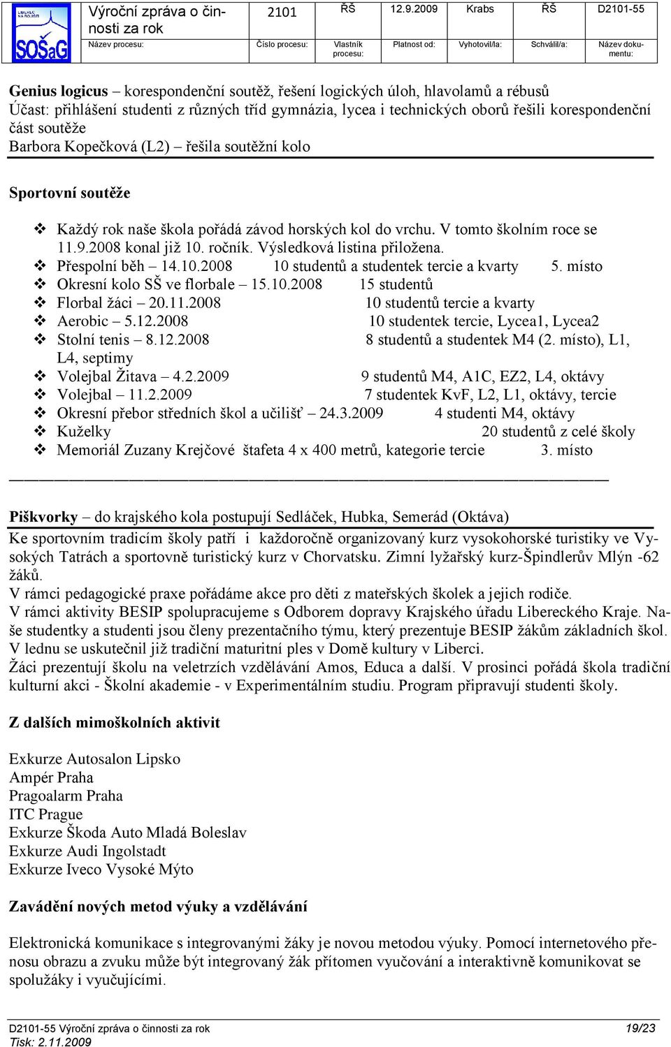 ročník. Výsledková listina přiloţena. Přespolní běh 14.10.2008 10 studentů a studentek tercie a kvarty 5. místo Okresní kolo SŠ ve florbale 15.10.2008 15 studentů Florbal ţáci 20.11.